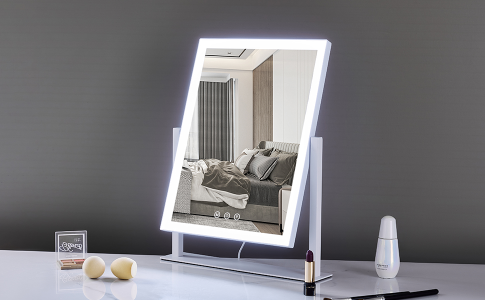 vanity desk with mirror and lights