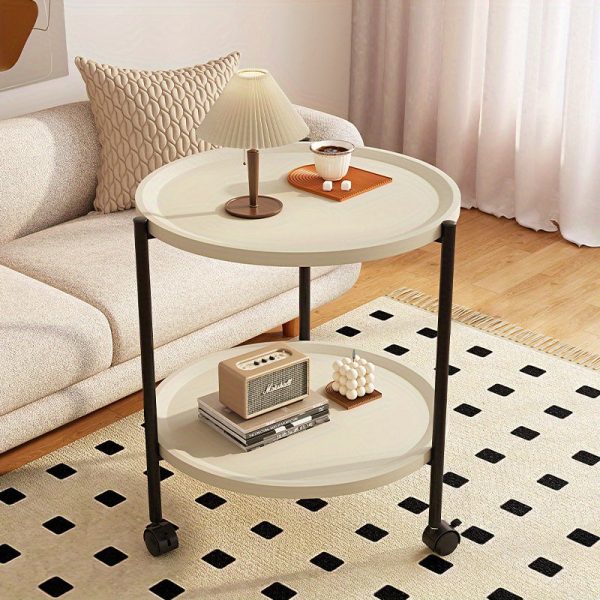 1712911075513-cd6d6ce6030a4144918986b42c1b7716-goods Double-Decker Round Plastic Side Table with Wheels - Modern Movable Sofa Coffee Table, Mini Storage Rack for Living Room