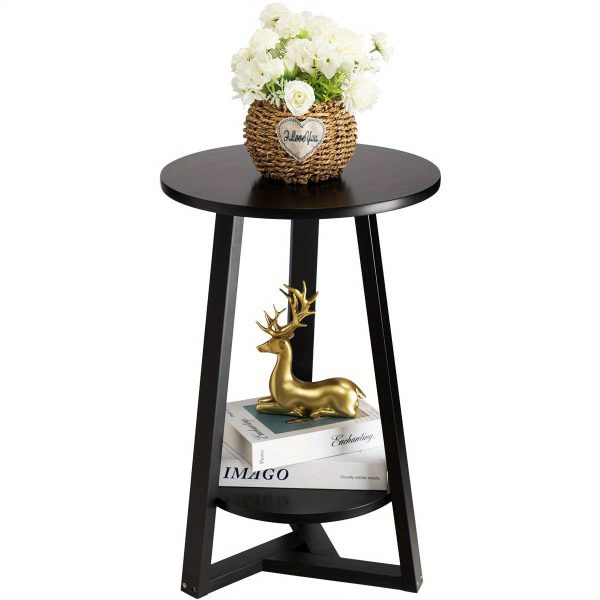 1713256407970-5c4eb9f9214649cb81dc873d4b3dbdb8-goods Black Side Table, Two-Tier Round End Table, Modern Small Side Table Living Room, Bedroom & Balcony, Black End Table with Storage Shelf with Solid Wooden Legs