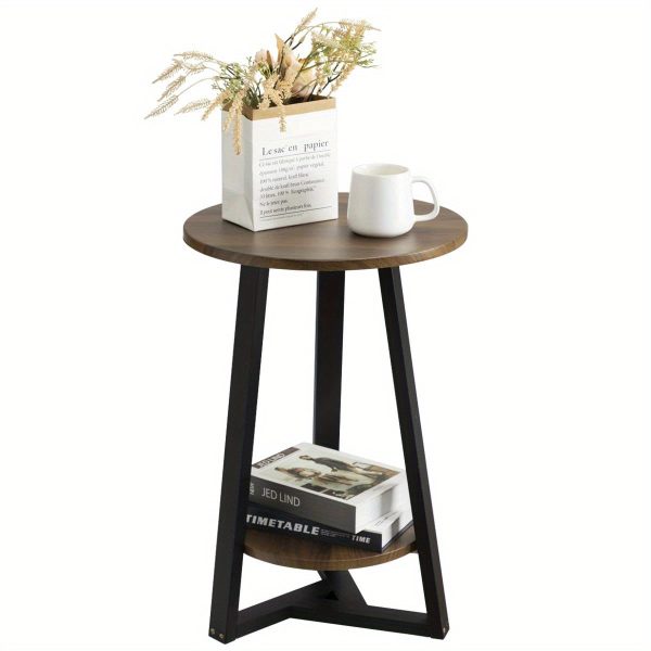 1713256410298-91ec5b885de24f7684e4780f7609457f-goods Black Side Table, Two-Tier Round End Table, Modern Small Side Table Living Room, Bedroom & Balcony, Black End Table with Storage Shelf with Solid Wooden Legs