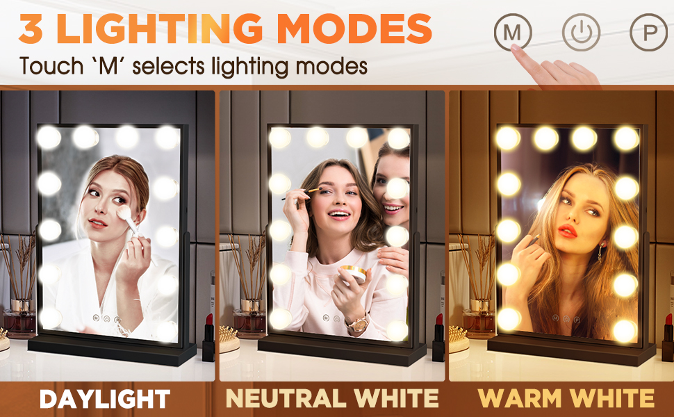 3 lighting modes of vanity mirror with lights HVM12BSBK A+
