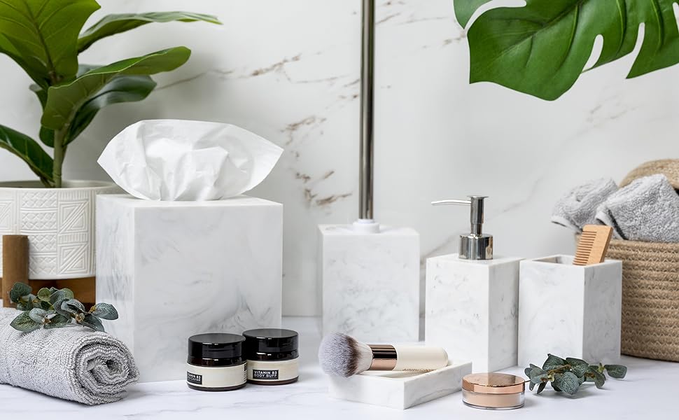 bathroom accessory set with fiddle leaf tree counter top decor