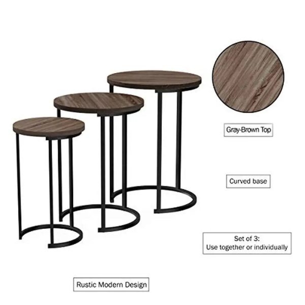 3-Piece Nesting Round Living Room End Tables Modern Style Gray-Brown Woodgrain-Look Metal Base Versatile Set Home Décor.