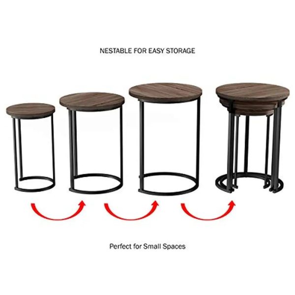 3-Piece Nesting Round Living Room End Tables Modern Style Gray-Brown Woodgrain-Look Metal Base Versatile Set Home Décor.