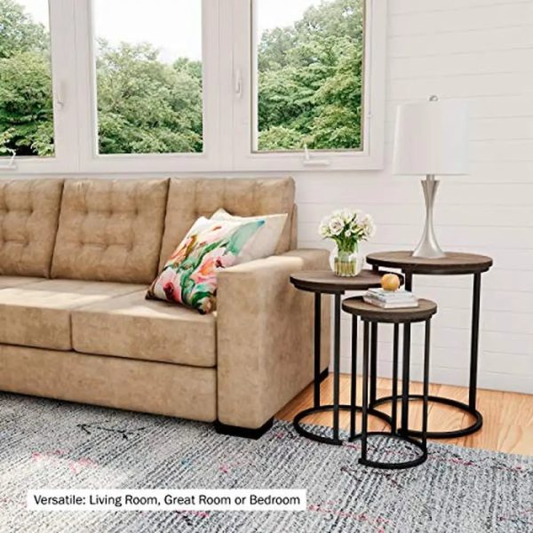 3-Piece Nesting Round Living Room End Tables Modern Style Gray-Brown Woodgrain-Look Metal Base Versatile Set Home Décor.