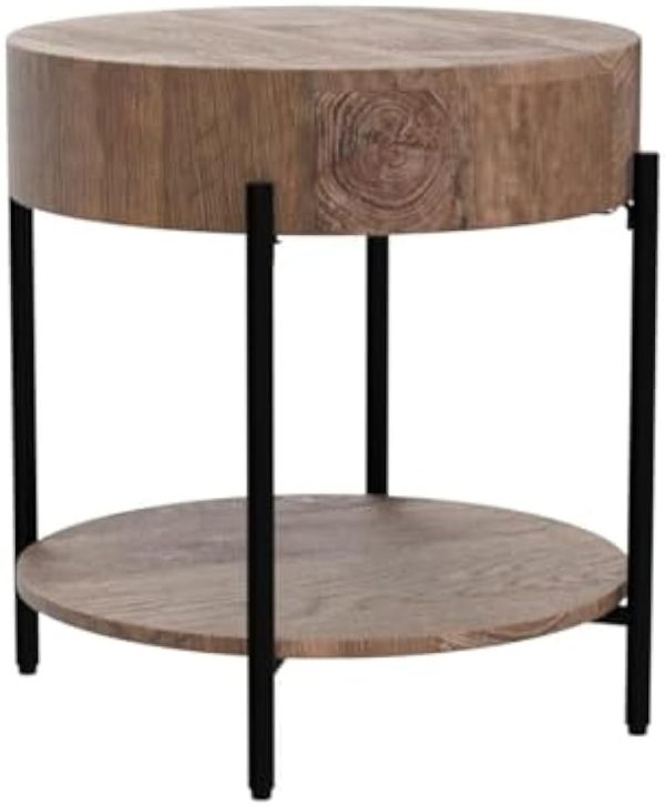 Round End Table Wood Side Table with Drawer Farmhouse Circle End Tables Accent Bedside Table Metal Frame Small Nightstand for Living Room, Bedroom and Small Spaces, Easy Assembly (Natural)