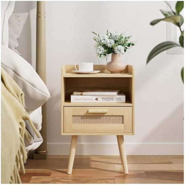 41-M-j-T_tL._AC_UY879 Nightstand,Bedside Table with PE Rattan Decor Drawer,Rattan Night Stand with Solid Wood Legs,Side Table with Drawer Open Shelf,End Table for Bedroom,Living Room,Yellow