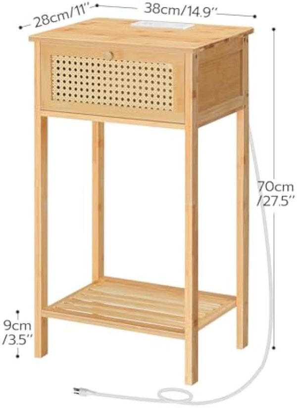 Bamboo Side Table with Charging Station, Rattan Nightstand with Drawer, Tall End Table with USB Ports and Outlet, Narrow Bedside Table, for Living Room, Bedroom, Hallway, Natural YL109UBZ01