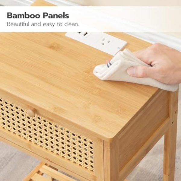 Bamboo Side Table with Charging Station, Rattan Nightstand with Drawer, Tall End Table with USB Ports and Outlet, Narrow Bedside Table, for Living Room, Bedroom, Hallway, Natural YL109UBZ01
