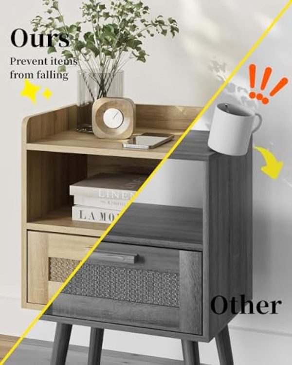41WIJHTDbbL._AC_UY879 Nightstand,Bedside Table with PE Rattan Decor Drawer,Rattan Night Stand with Solid Wood Legs,Side Table with Drawer Open Shelf,End Table for Bedroom,Living Room,Yellow