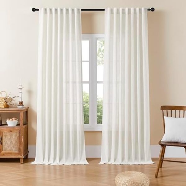 41Xi1ckgf3L._AC_UY879 Linen Curtains for Living Room,Semi-Sheer Curtains 108 Inches Long,Living Room Curtains 2 Panel Sets,White Curtains Pinch Pleated Curtains & Drapes(W52 x L108 Inch, Off-White)