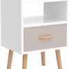 White Nightstand, Modern Bedside Tables with Fabric Drawer, Wooden End Table for Small Space, Narrow Side Table with Open Storage Shelf for Bedroom/Living Room/Dorm.