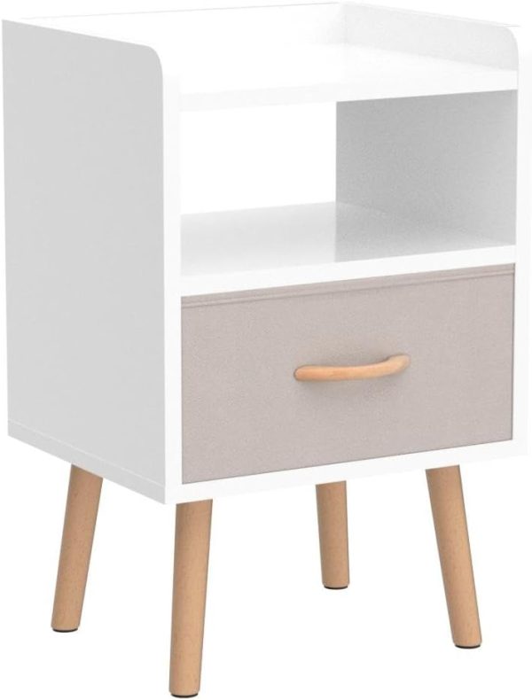 White Nightstand, Modern Bedside Tables with Fabric Drawer, Wooden End Table for Small Space, Narrow Side Table with Open Storage Shelf for Bedroom/Living Room/Dorm.