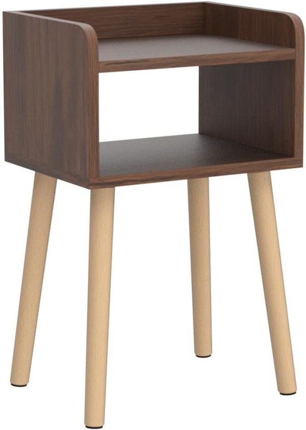 Nightstand, Mid-Century Modern Bedside Table with Solid Wood Legs, Adorable and Practical End Side Table with Open Storage Shelf, Fashion Bedroom Furniture Rustic Brown.
