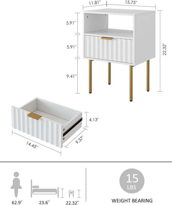 51AgY6mqZJL._AC_SL1500 Nightstand,Fluted Bedside Table with Gold Frame,White Nightstand,Bedside Furniture, Modern Side Table with Drawer and Shelf for Bedroom,Living Room
