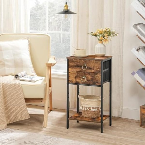 End Table with 2 Fabric Drawers and Storage Shelf, Industrial Nightstand, 23.6 Inch Tall Side Table, Bedside Table for Living Room Bedroom, Rustic Brown and Black BF106BZ01