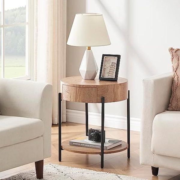 Round End Table Wood Side Table with Drawer Farmhouse Circle End Tables Accent Bedside Table Metal Frame Small Nightstand for Living Room, Bedroom and Small Spaces, Easy Assembly (Natural)