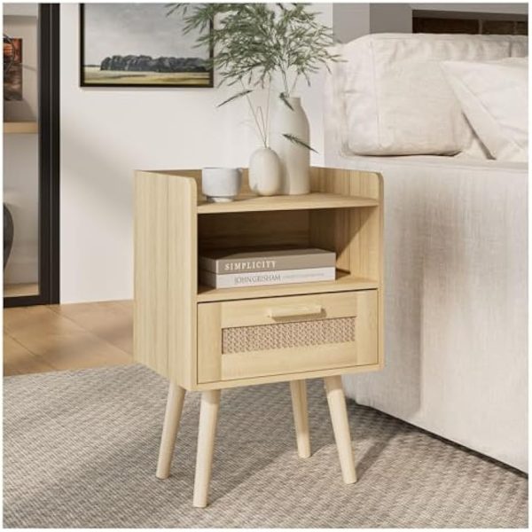 51UWm31BJoL._AC_UY879 Nightstand,Bedside Table with PE Rattan Decor Drawer,Rattan Night Stand with Solid Wood Legs,Side Table with Drawer Open Shelf,End Table for Bedroom,Living Room,Yellow