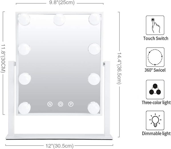 Vanity Mirror with Lights,Lighted Vanity Mirror with 9 Dimmable Bulbs for Dressing Room & Bedroom,3 Color Lighting,Modes Detachable 10x Magnification 360°Ratation(White)