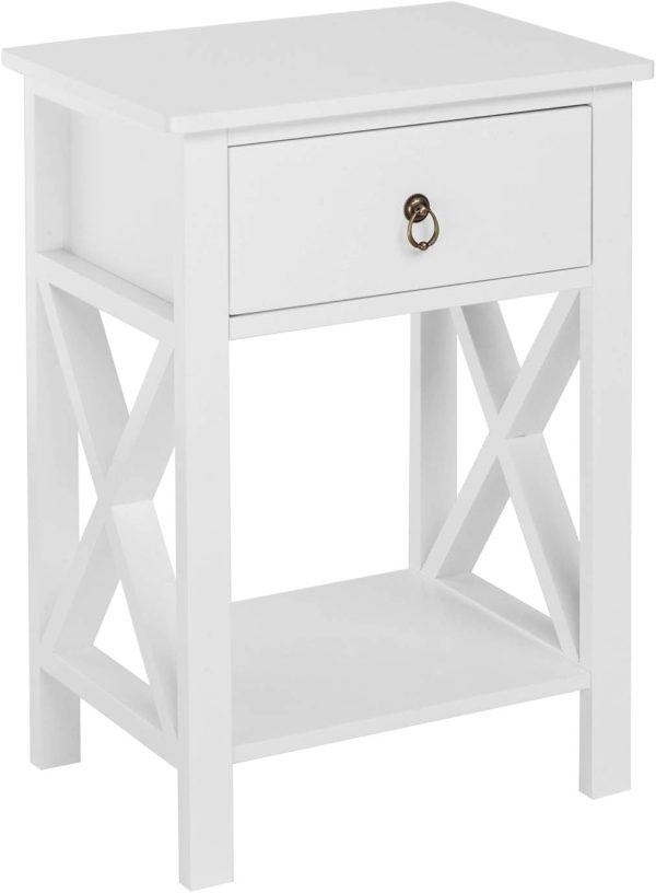 51YftzJdKyL._AC_SL1500 White bedside table, small bedside table with drawers and shelves, farmhouse bedside table bedroom, coffee table, bedside table, white side table with rustic handles, suitable for small spaces, dormitories, children's room, living room
