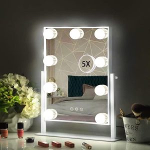 51Z2FH00NaL._AC_SL1000 Hollywood Vanity Mirror with 9 Dimmable Bulbs Lights, Three Color Lighting Modes, and 5X Magnification, Smart Touch Control, 360°Rotation (White,Gift Box)
