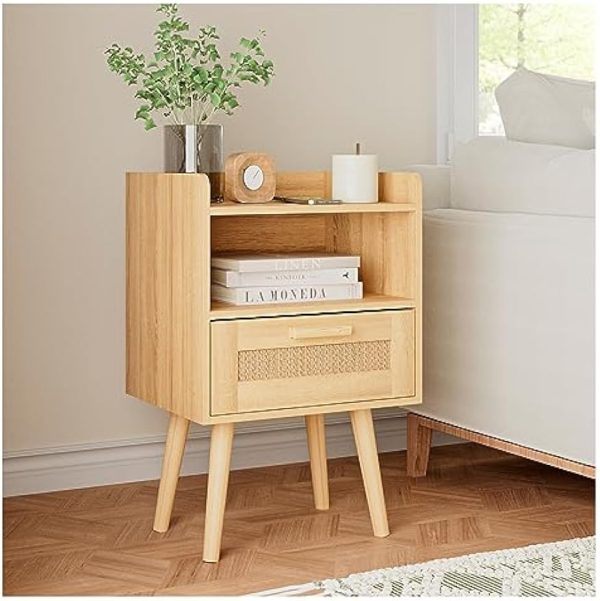 51d8MD8TmBL._AC_UY879 Nightstand,Bedside Table with PE Rattan Decor Drawer,Rattan Night Stand with Solid Wood Legs,Side Table with Drawer Open Shelf,End Table for Bedroom,Living Room,Yellow