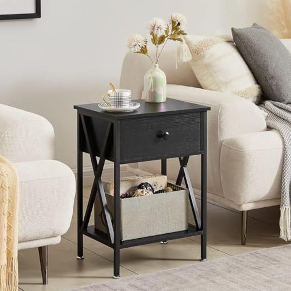 Versatile End Storage Shelf Side Table, Black, Nightstand with Drawer, Retro Blk