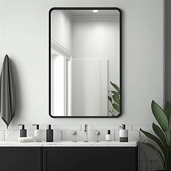 51kV257RtrL._AC_SL1024 Black Bathroom Mirror 22 x 30 Inch, Matte Black Rectangle Mirror for Wall, Rounded Metal Frame Vanity Mirror