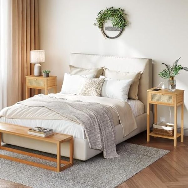 Bamboo Side Table with Charging Station, Rattan Nightstand with Drawer, Tall End Table with USB Ports and Outlet, Narrow Bedside Table, for Living Room, Bedroom, Hallway, Natural YL109UBZ01