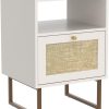 Rattan Nightstand,Modern Boho Farmhouse Wood Bedside Table with Storage Drawer and Open Shelf,Small Gold Frame Side End Table for Bedroom,Living Room,Office(White)