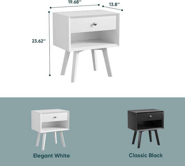 61-IWQ1K4DL._AC_SL1500 White Night Stand, Mid Century Modern Wood Nightstand with One Drawer, Bedside Table with Open Storage Shelf and Solid Wood Legs, Bed Side Table for Bedroom, End Tables for Living Room