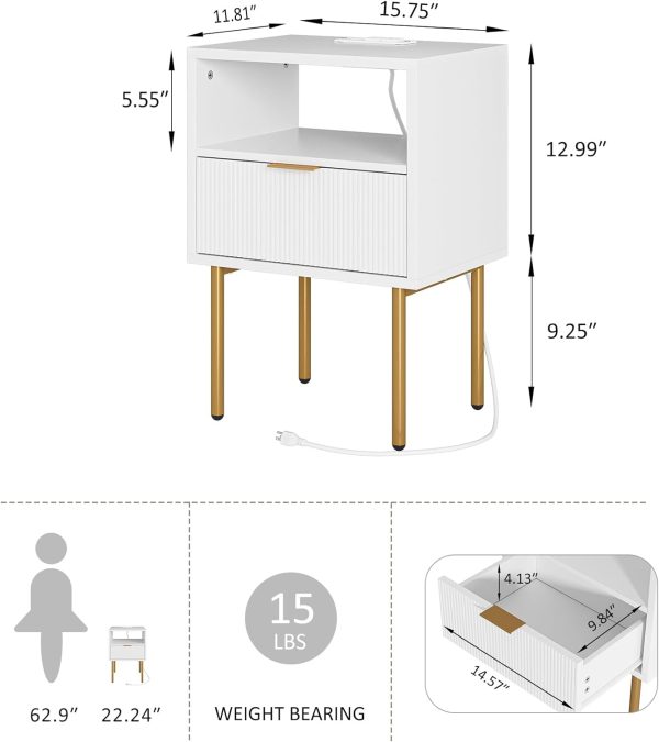 61-u6OgO-xL._AC_SL1500 Nightstand with Charging Station,Small Bedside Table with Gold Frame,White Night Stand,Bedside Furniture,Side Table with Drawer and Shelf for Bedroom,Living Room,Stripe