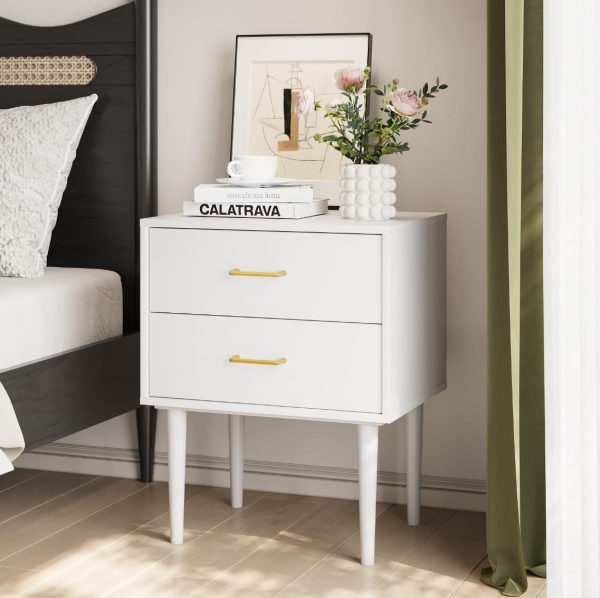 611XUNx8pjL._AC_SL1137 White Night Stand, Mid Century Modern Wood Nightstand with One Drawer, Bedside Table with Open Storage Shelf and Solid Wood Legs, Bed Side Table for Bedroom, End Tables for Living Room