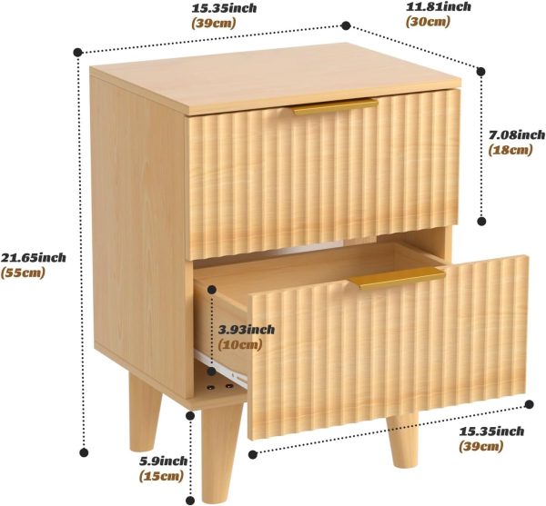 Wooden Nightstand with 2 Drawers, Small Bedside Table with Storage, Mid Century Modern End Side Table with Wood Fluted Drawers for Bedroom, Living Room（Natural）