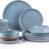 Stoneware Dinnerware Sets for 4, 12 Pieces Handpainted Plates and Bowls Set with Wavy Rim, Chip and Scratch Resistant Dishes set, Dishwasher & Microwave Safe, Royal Blue