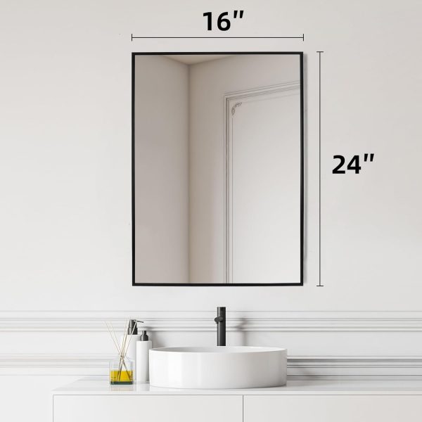 612HcUZS6hL._AC_SL1500 Black Bathroom Vanity Mirror for Wall, 16X24 Inch Aluminum Framed Wall Mirror Rectangle, Modern Square Corner Bathroom Vanity Mirror for Bedroom, Living Room, Hangs Horizontally or Vertically