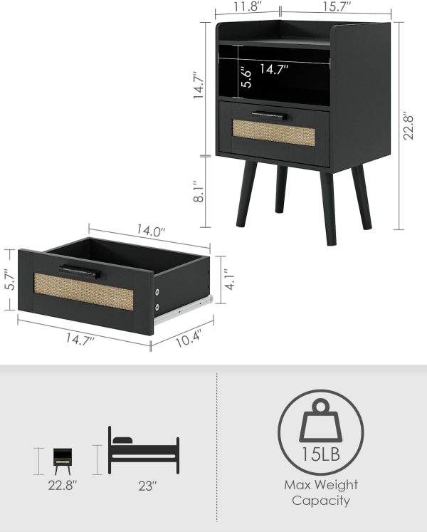 Nightstand,Boho Bedside Table,Black Night Stand with Rattan Decorated Drawers,Bedside Furniture, Wood End Table for Bedroom,Living Room,Natural