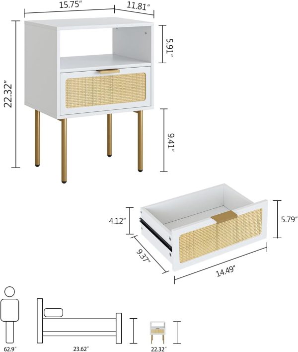 Rattan Nightstand, Drawer Dresser for Bedroom, Small Side Table with Drawer, Bedside Furniture, Night Stand, End Table with Gold Frame for Bedroom, Living Room, White