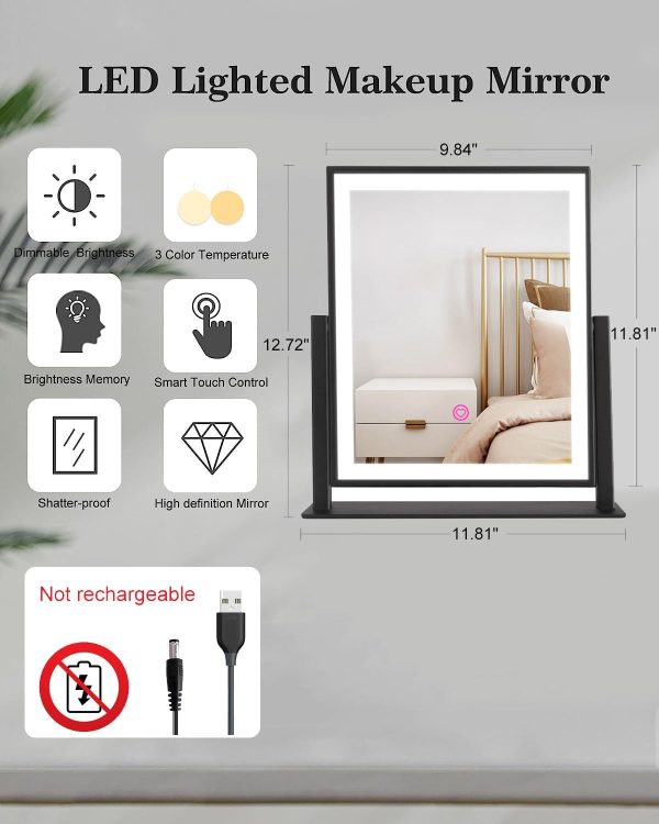 Classic Makeup Mirror with Lights, Lighted Vanity Mirror with Dimmable Light, Smart Control, Memory, Adjustable Warm White/Natural/Daylight, Birthday Wedding Gift, 360°Rotation (13in. Black)