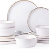 Ceramic Dinnerware Sets of 4, Modern Flat Stoneware Plates and Bowls Sets,Chip and Crack Resistant | Dishwasher & Microwave Safe Dishes Set,Scratch Resistant- Service for 4 (12pc)-Matte White