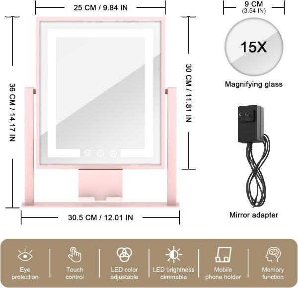 Vanity Mirror with Lights, 15X Magnification 360 Rotation Makeup Mirror with Lights, Hollywood Mirror with Detachable 3 Color Modes, Smart Touch Control and Phone Holder,Pink