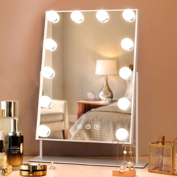 618WejtIbeL._AC_SL1300 Vanity Mirror with Lights Hollywood Lighted Makeup Mirror with 9 Dimmable Bulbs & 3 Color Lighting Modes, Detachable 10X Magnification Mirror and 360 Degree Rotation(White)