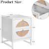Rattan Nightstand, End Side Table with 2 Rattan Drawers, Wood Square Bedside Table with Storage, Accent Sofa Table for Home Office Living Room Bedroom, White