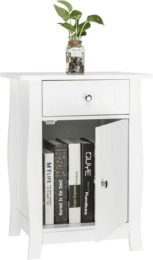 White Nightstand, Small Nightstand with Drawer and Door Cabinet, Wood Nightstand with Storage Organizer, Bedside Table with Drawers, Bedroom Nightstand, End Tables Living Room, Kids' Room, Dorm