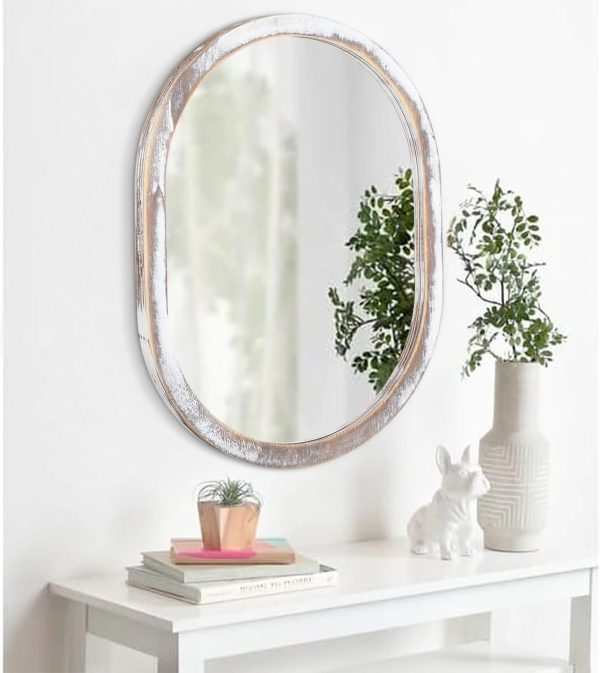 Large Oval Wood Mirror 26 x 18 Inch, Wall Framed Bathroom Mirror for Vanity Farmhouse Rustic White Mirror for Vanity Living Room Entryway Bedroom