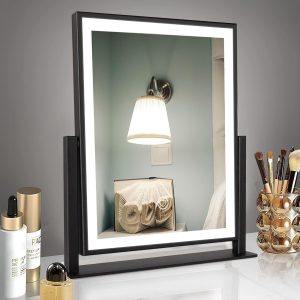 61GLsyOSwQL._AC_SL1500 Classic Makeup Mirror with Lights, Lighted Vanity Mirror with Dimmable Light, Smart Control, Memory, Adjustable Warm White/Natural/Daylight, Birthday Wedding Gift, 360°Rotation (13in. Black)
