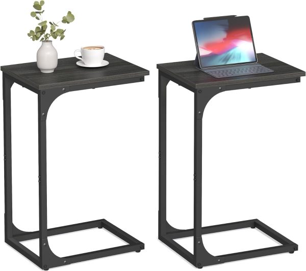 C-Shaped End Table, Small Side Table for Couch, Sofa Table with Metal Frame for Living Room, Bedroom, Bedside, Rustic Brown and Black