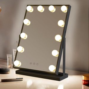 61HWVH_HGjL._AC_SL1500 Vanity Mirror with Lights, Black Lighted Makeup Mirror with 12 LED Bulbs for Desk and Wall, Dimmable 3 Lighting Modes, 360-degree Rotating with USB-C and Charger (16”x12”)