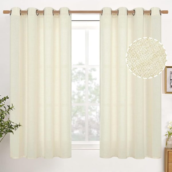 Natural Linen Curtains 63 Inch Length 2 Panels Bronze Grommet Linen Textured Short Window Drapes Light Filtering for Living Room Bedroom, 52 X 63 Inch