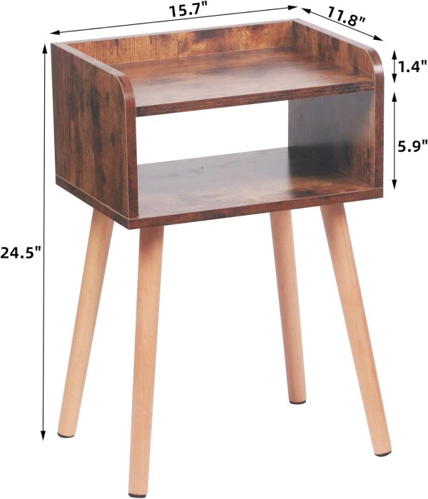 Nightstand, Mid-Century Modern Bedside Table with Solid Wood Legs, Adorable and Practical End Side Table with Open Storage Shelf, Fashion Bedroom Furniture Rustic Brown.